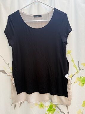 Black Short Sleeve Layered Top with Cream under layer and Ribbon Ties